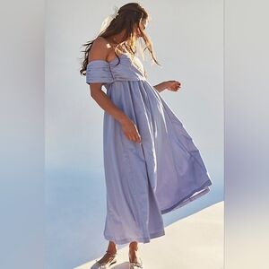Free People 'Dance It Away' Light Blue Baby Doll Midi Dress Off Shoulder- M